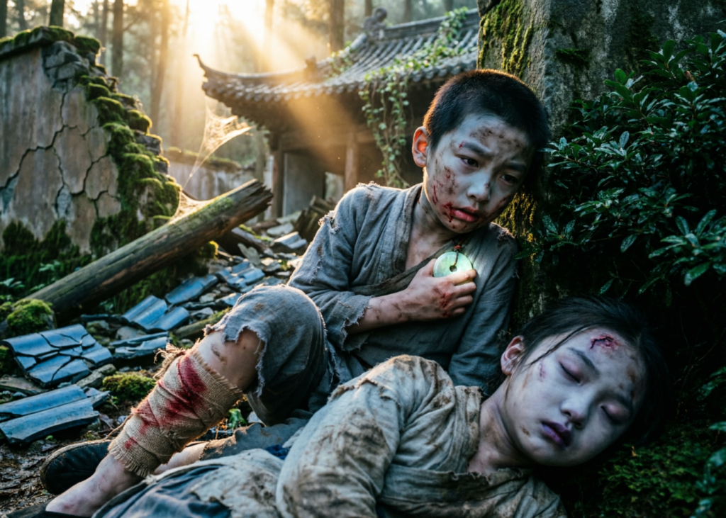 破庙中躲藏的少年与昏迷女孩
