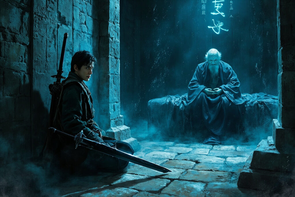 叶尘在深渊绝境中找到一线生机，生死边缘的挣扎。暗色玄幻水墨。