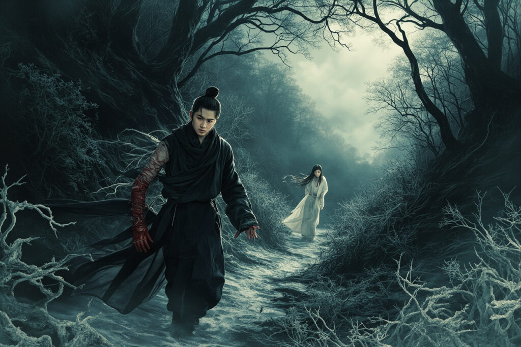 叶尘与沈月如在林中穿行，渊主的灵压改变着周围的气候。压抑场景。